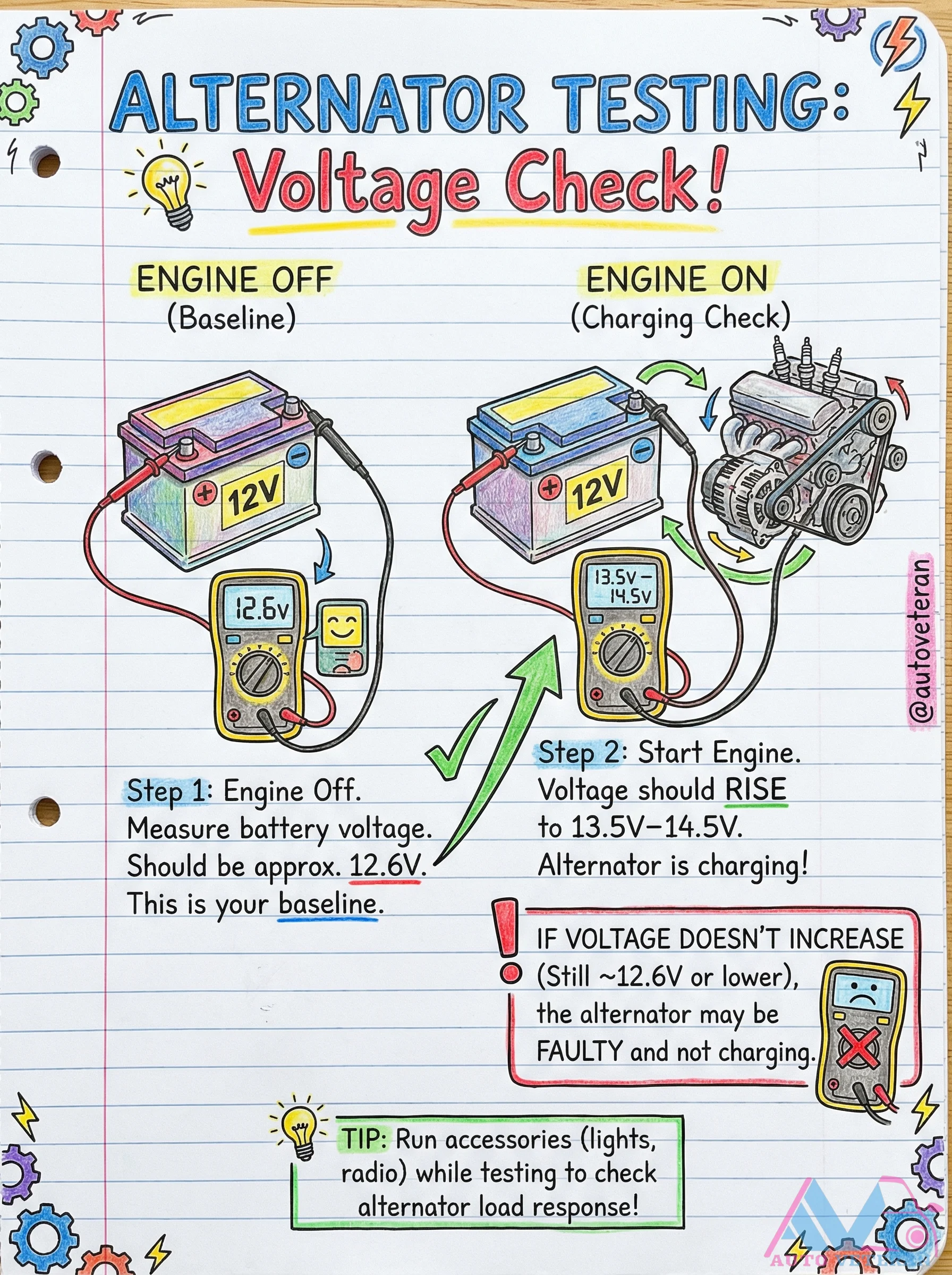 Alternator Voltage Testing Procedure with Engine Off and On