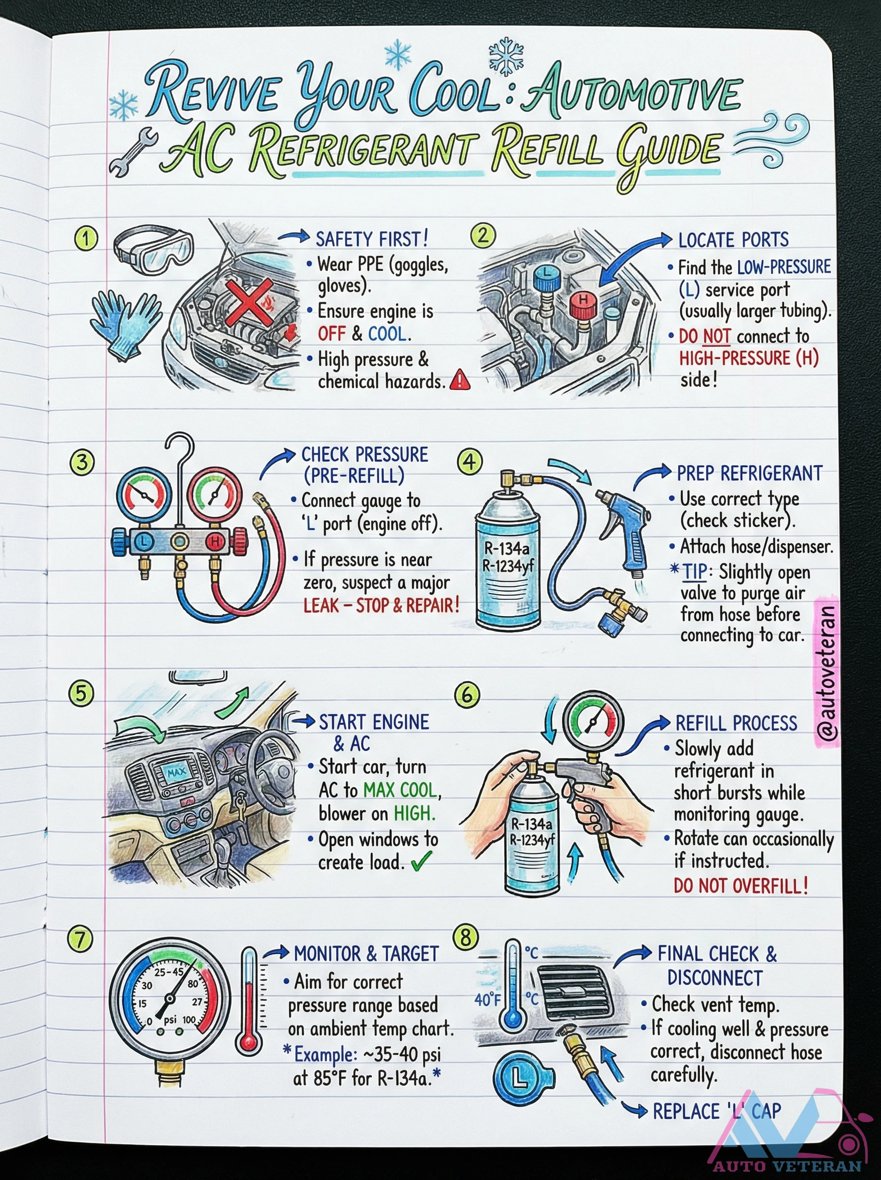 Automotive AC Refrigerant Refill Safety and Procedure