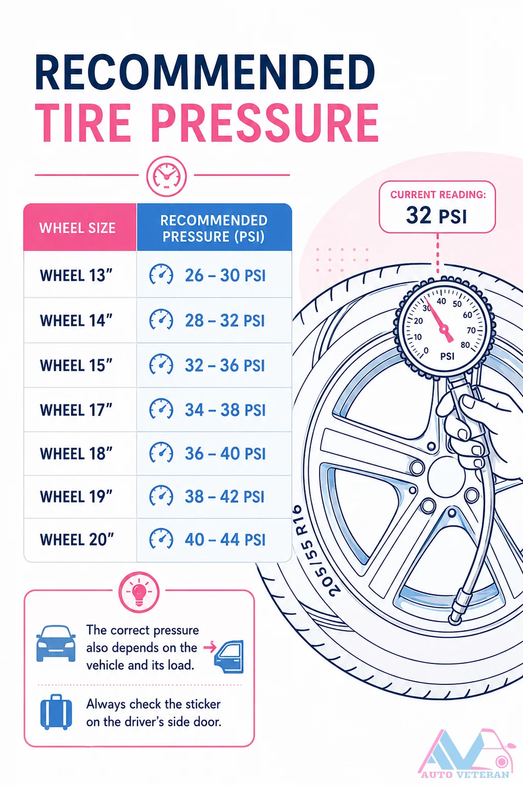 Recommended Tire Pressure Chart by Wheel Size